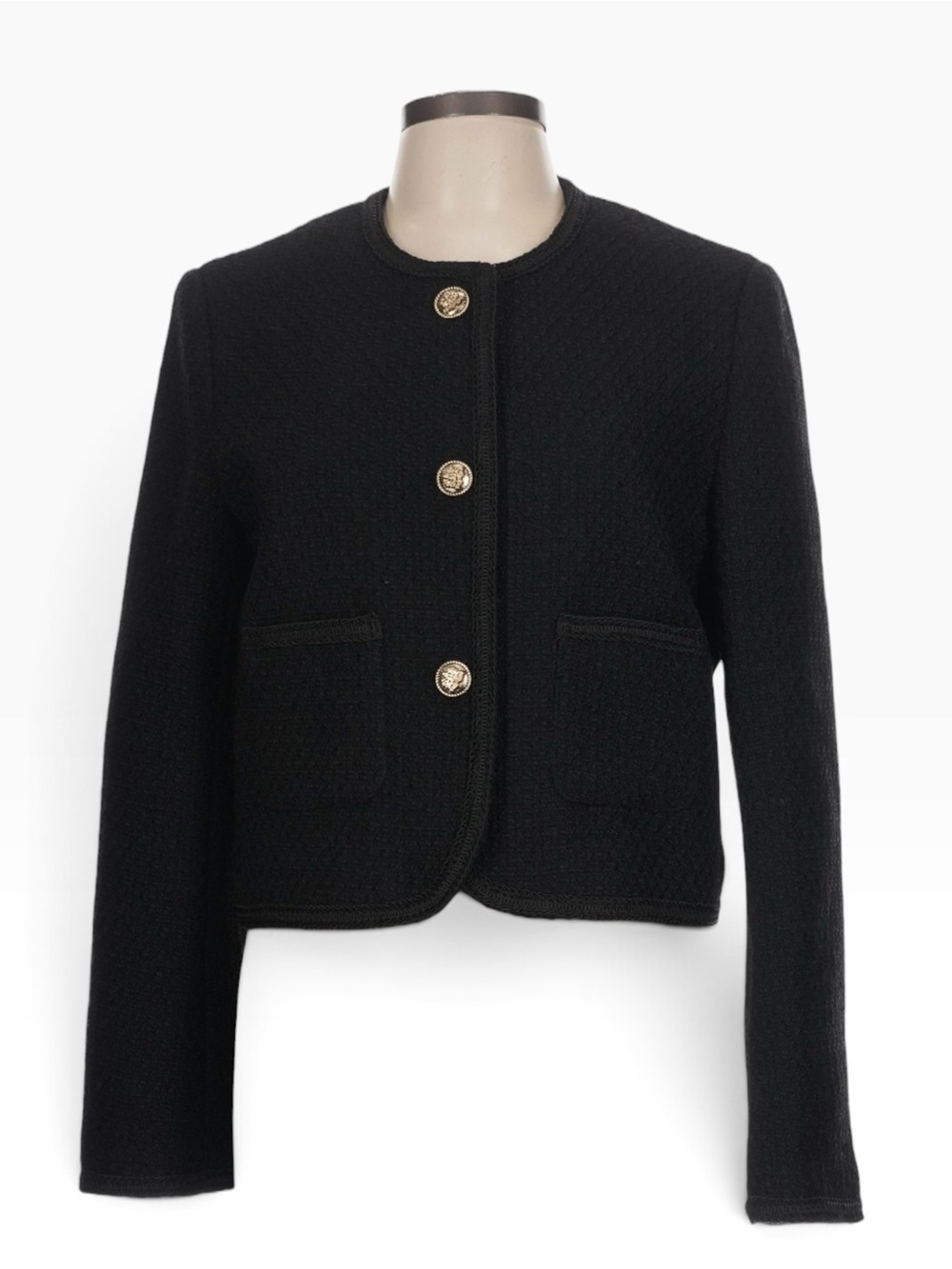 Urban Revivo US 12 Black Tweed Boucle Cropped Jacket Gold Buttons NWT